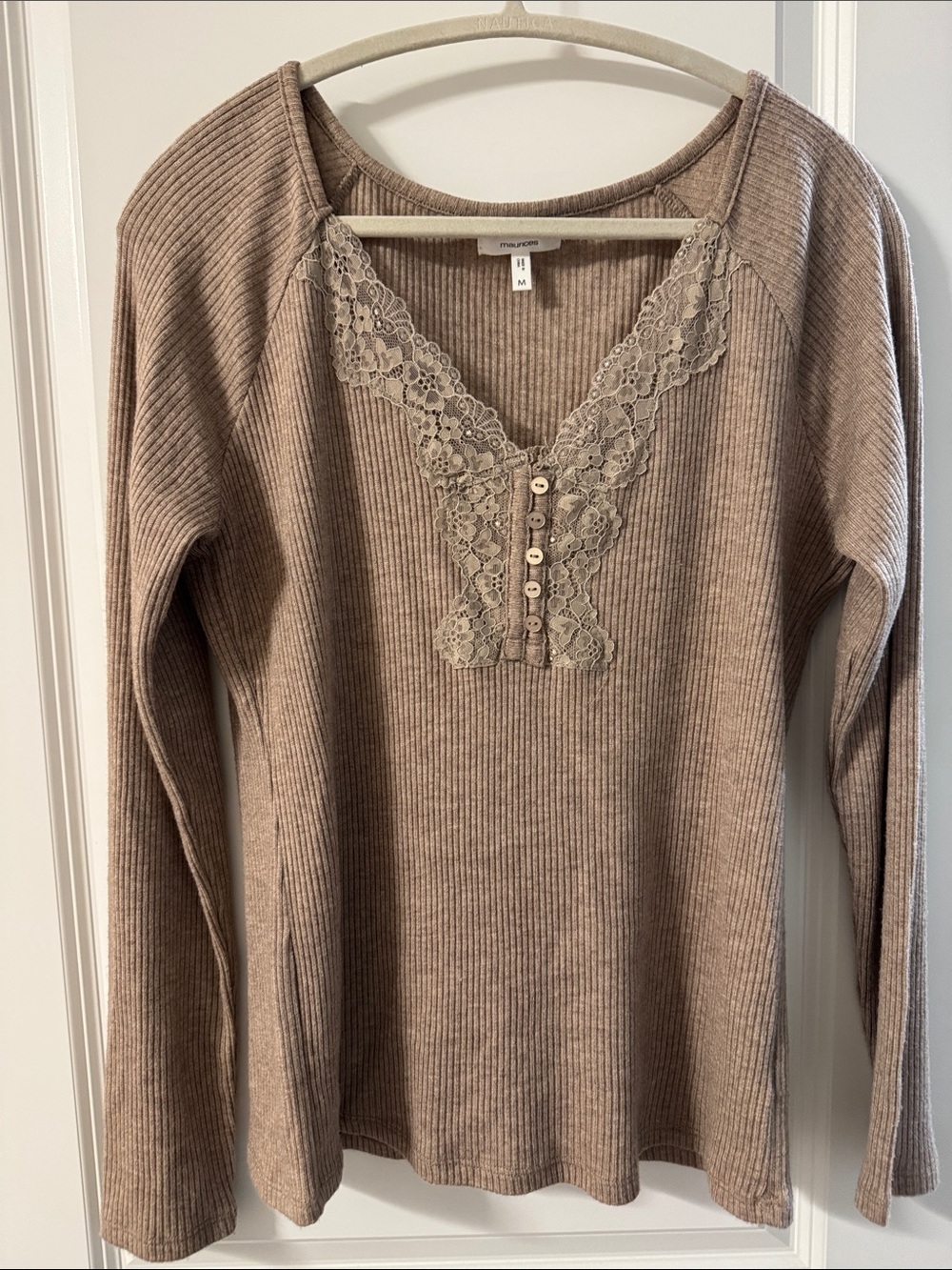 Maurices Taupe Lace-Trim Ribbed Henley Long Sleeve Top